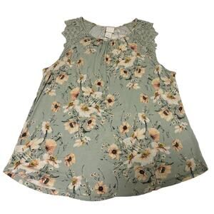 H&M Women's Sz M Green Peach Floral Top Crochet Lace Cottagecore Festival Resort